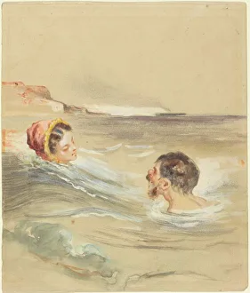 Swimming Cap Prints: Male and Female Bathers. Creator: Alfred Grevin