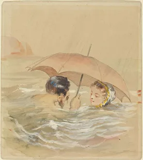 Swimming Cap Prints: Male and Female Bathers with Umbrella. Creator: Alfred Grevin