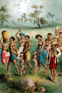 Livingstone Prints: Male, female and child captives driven into slavery by Arab slave traders, c1875