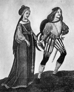 Male and female costume, late 15th-early 16th century, (1910)
