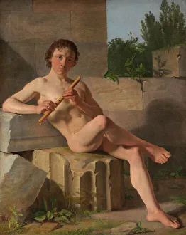 Hansen Constantin Prints: A Male Model Playing Flute, 1826 -1827. Creator: Constantin Hansen