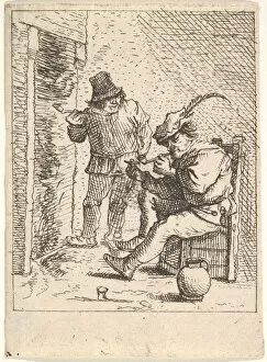 David Teniers Ii Gallery: Two male peasants holding pipes before a fireplace, one seated with the pipe held