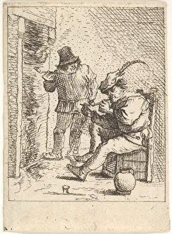 Two male peasants holding pipes before a fireplace, one seated with the pipe held Two male peasants holding pipes before a fireplace, one seated with the pipe held