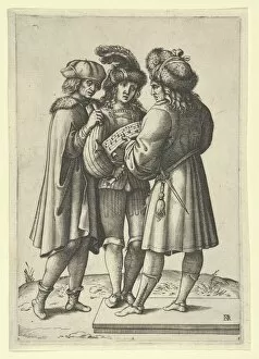 Three male singers standing together holding a sheet of music, ca. 1599-1641. Creator: Luca Ciamberlano