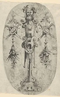 Term Prints: Male Terminal Figure; Head with Beard and Turban on a Three- Quarter Strapwork Pede