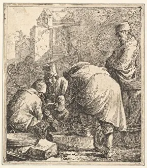 Man Adjusting His Footwear, at Left Three Men Playing Cards, 1630-77 Man Adjusting His Footwear, at Left Three Men Playing Cards, 1630-77