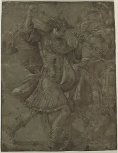 Heightened With White Prints: Man in Armor beside a Chariot, c. 1550. Creator: Francesco Salviati (Italian, 1510-1563)