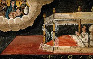 Franciscan Prints: A man in bed praying to the Virgin and Child and two Franciscan saints. Creator: Unknown