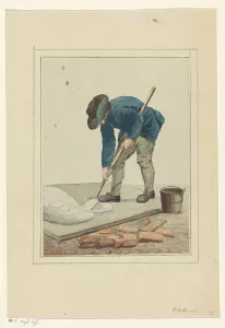 Pail Prints: Man busy mixing lime, 1700-1800. Creator: Anon