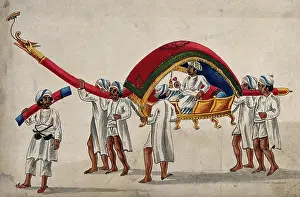 Palanquin Prints: A man is being carried in a litter on the shoulders of four men. Creator: Unknown