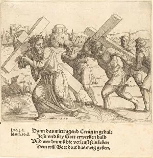 Hirsvogel Augustin Gallery: Man Carries the Cross after Christ, 1549. Creator: Augustin Hirschvogel