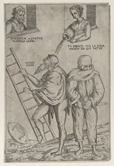 A man climbs a ladder while a woman throws water on him from above, 1575-99