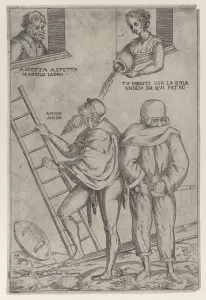 A man climbs a ladder while a woman throws water on him from above, 1575-99 A man climbs a ladder while a woman throws water on him from above, 1575-99