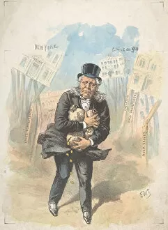Worried Collection: Man Clutching Moneybags While Banks Collapse, late 19th-early 20th century