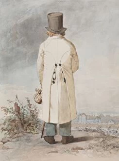 Tophat Collection: Man in costume with white coat, hat and cane, standing full-length, back view, 1810-1857