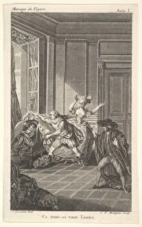 Beaumarchais Pierre Augustin Caron De Collection: A man curled up in a chair looks toward another man who approaches him from the left i