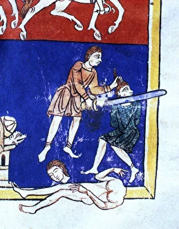 Beatus Collection: Man decapitating the enemy, detail of the scene The Siege of Jerusalem (c.597 b