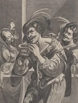 Daret Gallery: Man drinking soup while two people watch him, 1624-75. Creator: Pierre Daret