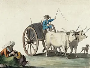 A man driving a cart pulled by two oxen; in the left foreground a woman picks fleas from a boy's hea Creator: Unknown. A man driving a cart pulled by two oxen; in the left foreground a woman picks fleas from a boy's hea Creator: Unknown