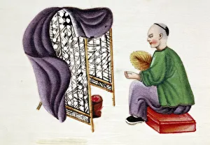 Sericulture Prints: Man drying silkworm cocoons, 19th century