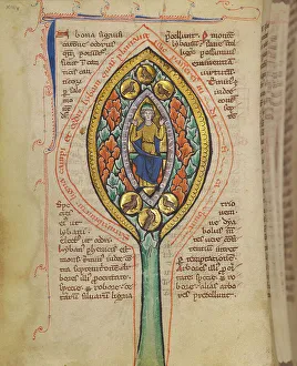 Bestiary Prints: A Man Enthroned within a Mandorla in a Tree; Bestiary, about 1270. Creator: Unknown