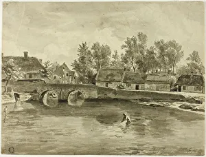Man Fishing in River Near Village, 1832. Creator: Jan Baptiste de Jonghe