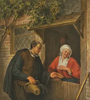 Doors Prints: A man gives a piece of cake to a woman standing in the doorway