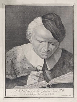 Eyesight Collection: Man in a hat reading a book with a magnifying glass, 1743. Creator: Giovanni Cattini