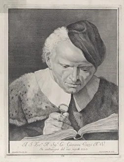 Giambattista Piazetta Prints: Man in a hat reading a book with a magnifying glass, 1743. Creator: Giovanni Cattini