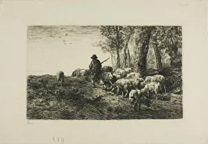 Swineherd Prints: Man with Herd of Pigs, c. 1866. Creator: Charles Emile Jacque