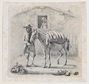 Mules Collection: Man Holding a Mule before a House, early 19th century. early 19th century. Creator: Anon