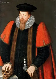 Fur Trim Prints: A man holding a skull, 1615. Creator: Unknown