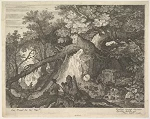 Tyrol Gallery: A man holding a staff and seated on a tree trunk; with two goats to either side; surro