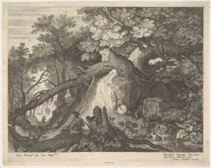 Tyrol Gallery: A man holding a staff and seated on a tree trunk; with two goats to either side; surro