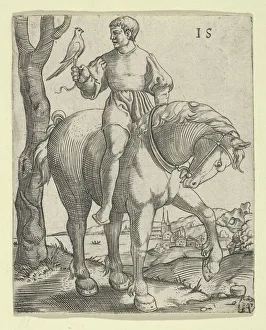 Falconer Prints: Man on Horseback holding a Falcon, ca. 1525-50. Creator: Master I. S