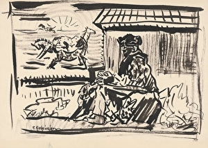 Barn Prints: Man with horses, c1935. Creator: Arnold Peter Weisz-Kubincan