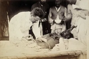 Quarantine Prints: Man being injected by doctor, during the outbreak of bubonic plague in Karachi
