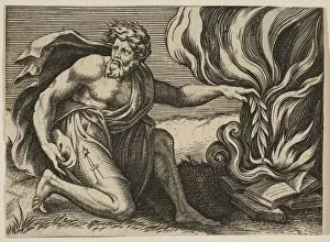 Marco Dente Gallery: A man kneeling and placing a laurel branch upon a pile of burning books, ca. 1515-27