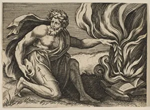 Dente Marco Prints: A man kneeling and placing a laurel branch upon a pile of burning books, ca. 1515-27