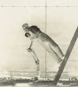 Dissection Gallery: Man on a Ladder with Dissected Horses Leg, 1880s. Creator: Thomas Eakins
