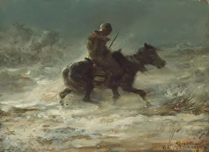Blizzard Prints: Man with Lance Riding through the Snow, c. 1880. Creator: Christian Adolf Schreyer