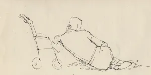 Pushchair Prints: Man leaning against pushchair on the beach, c1950. Creator: Shirley Markham