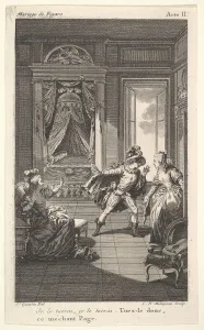 Beaumarchais Pierre Augustin Caron De Collection: A man leans toward a woman standing in a doorway at right, at left a seated woman rais