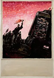 Co Operation Prints: Man with lighted torch at head of a column of civilians
