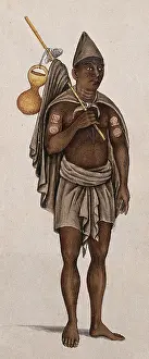 Carrying On Shoulders Prints: A man in a loincloth is carrying a stick with a cloth and pot. Creator: Unknown