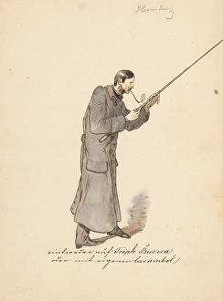 Friedrich Carl Von Prints: Man in a long military coat with a stick, 1850-1860. Creator: Friedrich Carl von Scheidlin