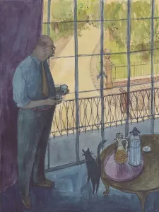 Decanter Prints: Man looking out of window, 1952. Creator: Shirley Markham
