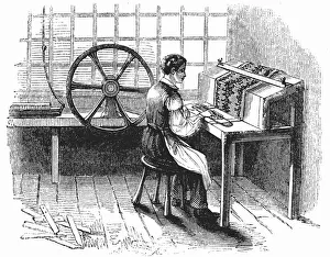 Mechanisation Prints: Man operating machine punching cards for Jacquard looms, 1844