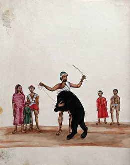 Sari Prints: A man with his performing bear watched by a group of people