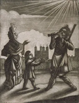 Nicholls Prints: Man piping and a woman and child dancing near the walls of the Tower of London, c1770
